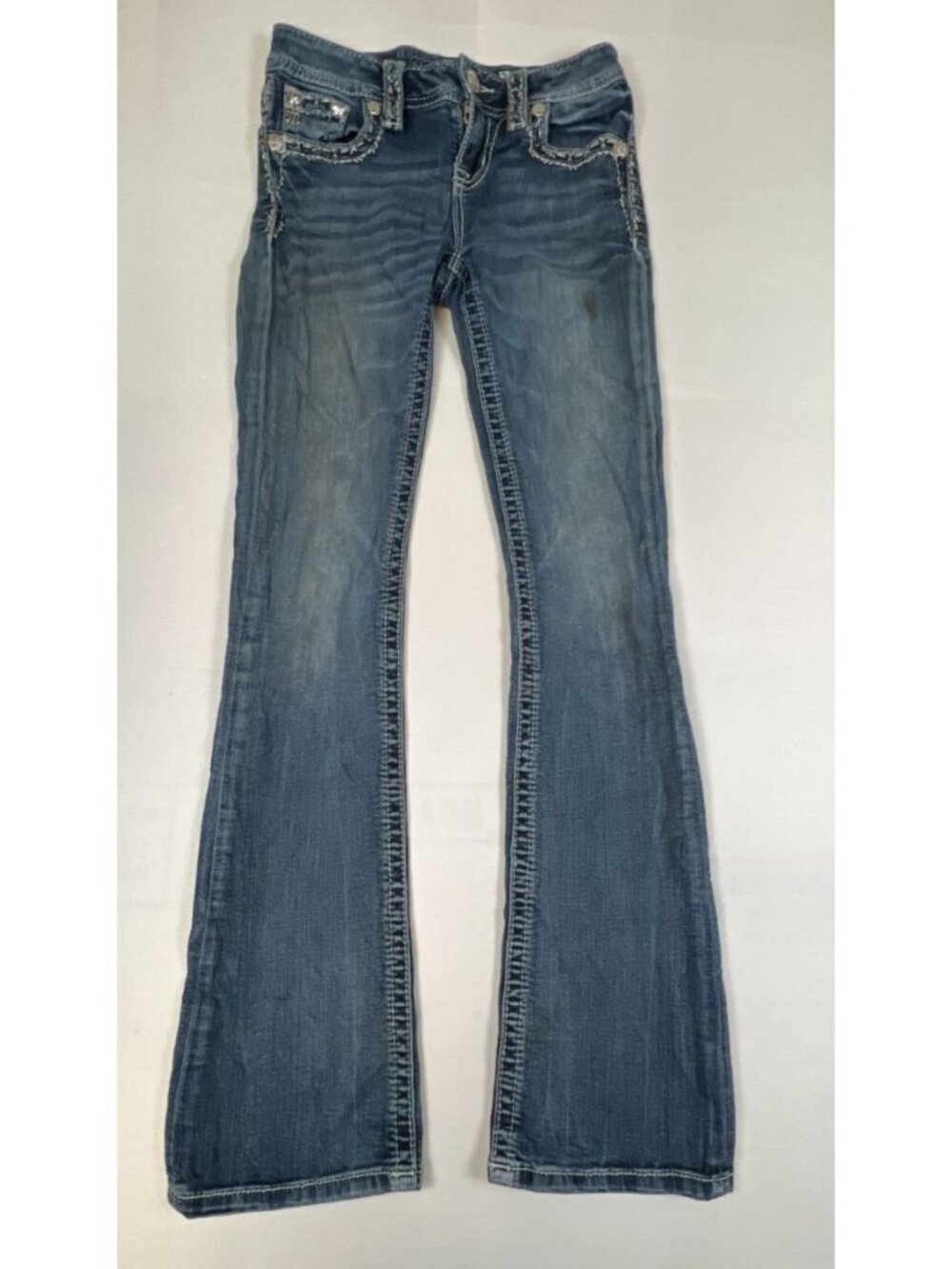 Miss Me Women 25 Chloe Bootcut Blue Denim Crystal Embellished Winged Cross Jeans